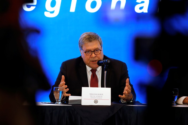 U.S. Attorney General William Barr participates in a news conference after a meeting with Attorney Generals of Northern Triangle of Central America in San Salvador
