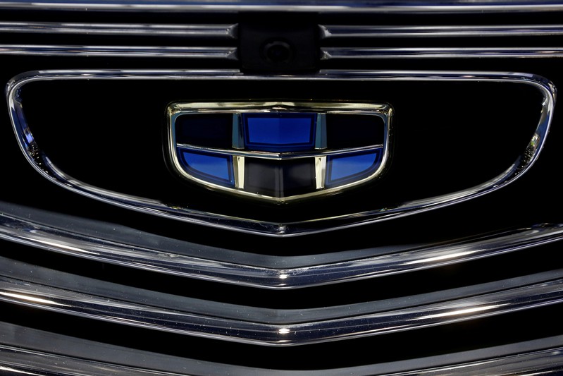 FILE PHOTO: Geely automobile maker logo at the IEEV New Energy Vehicles Exhibition in Beijing