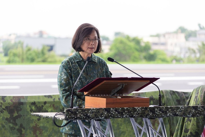 Taiwan President Tsai Ing-wen speaks during the Han Kuang military exercise simulating China's People's Liberation Army (PLA) invasion of the island, in Changhua