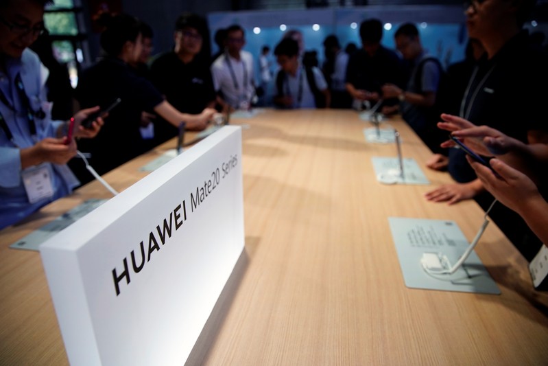 A Huawei company logo is seen at CES (Consumer Electronics Show) Asia 2019 in Shanghai