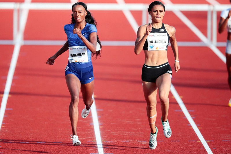 Dalilah Muhammad and Sydney McLaughlin, both of the U.S., compete in Women's 400m hurdles during the IAAF Diamond League in Bislett Stadium in Oslo