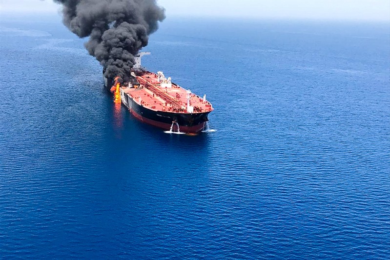An oil tanker is seen after it was attacked at the Gulf of Oman