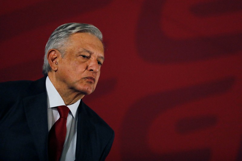 Mexican president Andres Manuel Lopez Obrador looks on during a news conference at National Palace in Mexico City
