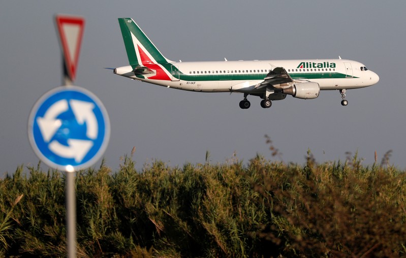 An Alitalia Airbus A320 airplane approaches to land at Fiumicino airport in Rome