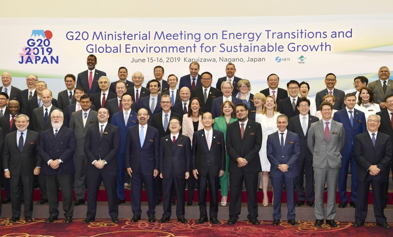 Delegates gather for a family photo session at G20 energy and environment ministers meeting in Karuizawa