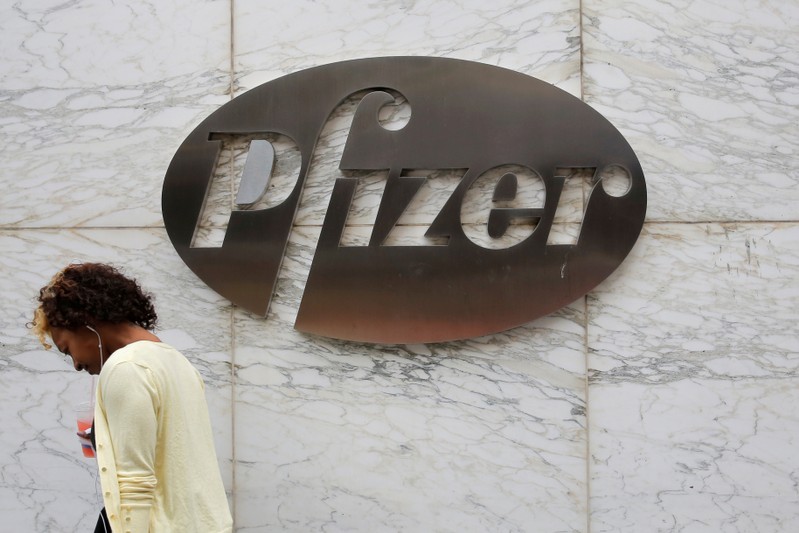 FILE PHOTO: The Pfizer logo is seen at their world headquarters in Manhattan, New York, U.S.