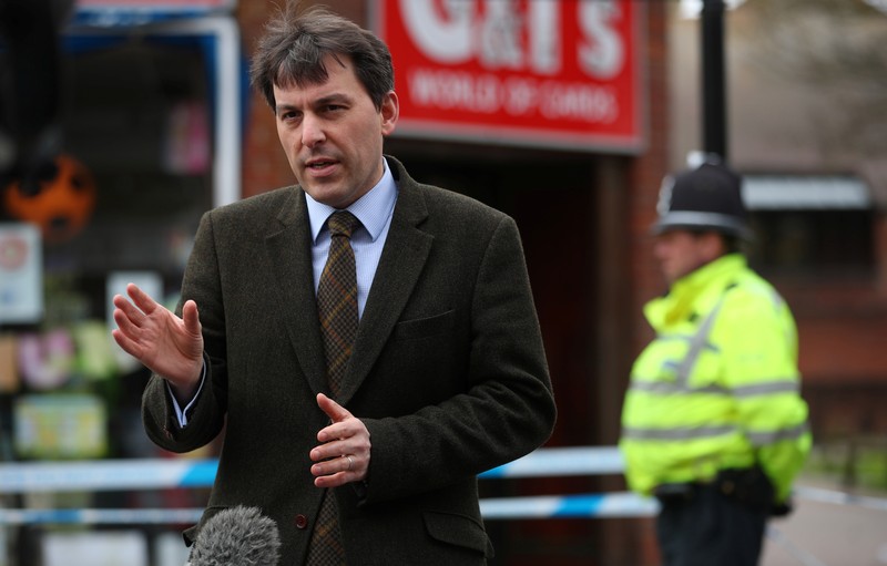 FILE PHOTO: John Glen, local Member of Parliament for Salisbury and South Wiltshire, talks to the media in Salisbury