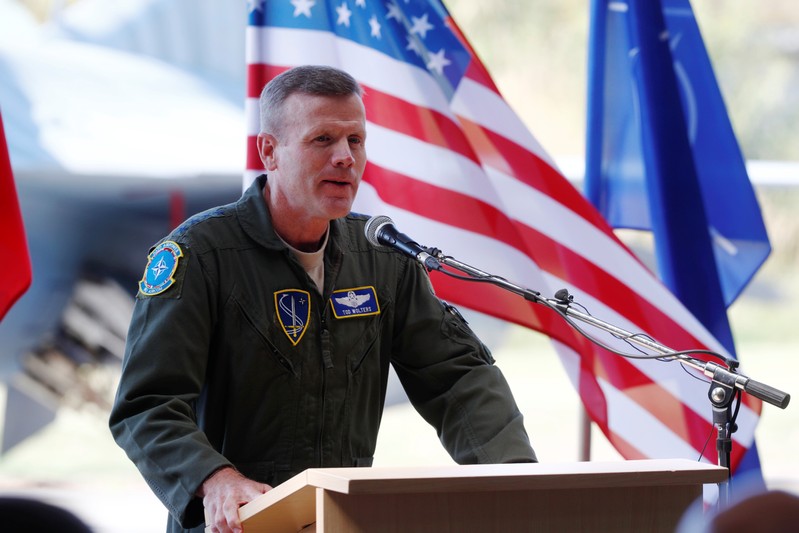 FILE PHOTO: U.S. Air Forces in Europe Commander Wolters speaks during NATO Baltic air policing mission takeover ceremony in Siauliai