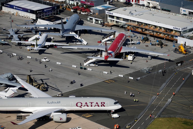 An aerial view shows the 53rd International Paris Air Show at Le Bourget Airport near Paris