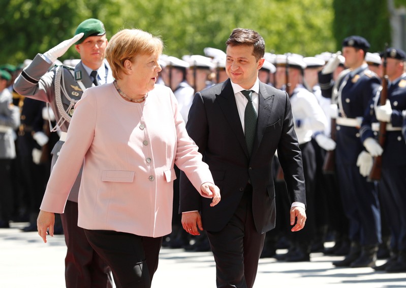 German Chancellor Merkel and Ukrainian President Zelenskiy at the Chancellery in Berlin