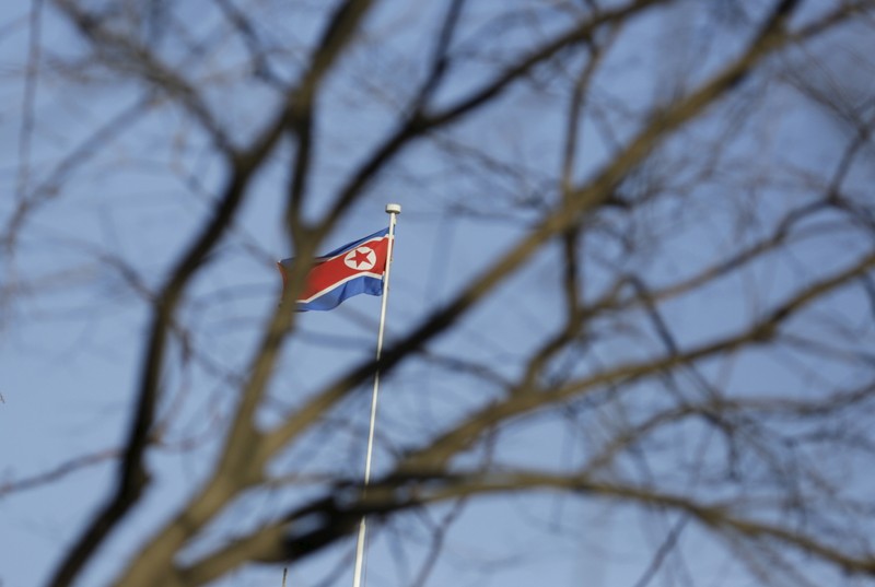 A North Korean flag is seen on the top of its embassy in Beijing