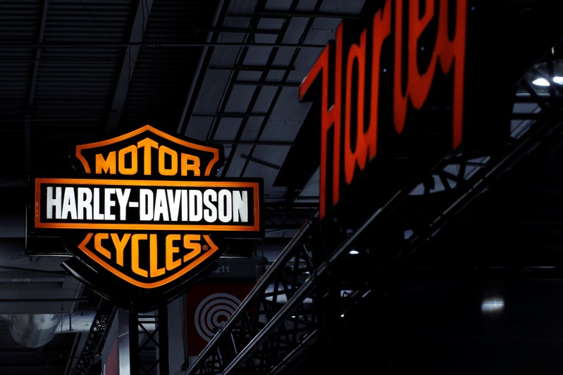 FILE PHOTO: A Harley-Davidson Inc. logo is seen at the Paris auto show in Paris