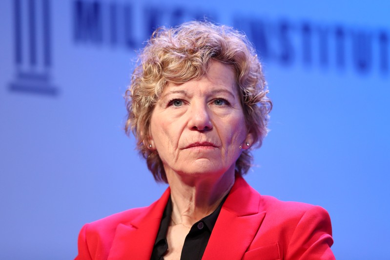 FILE PHOTO: Susan Desmond-Hellmann, CEO of Bill & Melinda Gates Foundation, speaks at the 2019 Milken Institute Global Conference in Beverly Hills