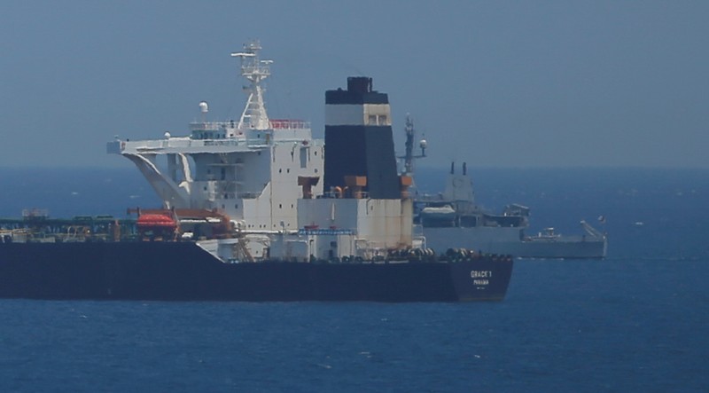 FILE PHOTO: Oil supertanker Grace 1 sits anchored in waters of the British overseas territory of Gibraltar