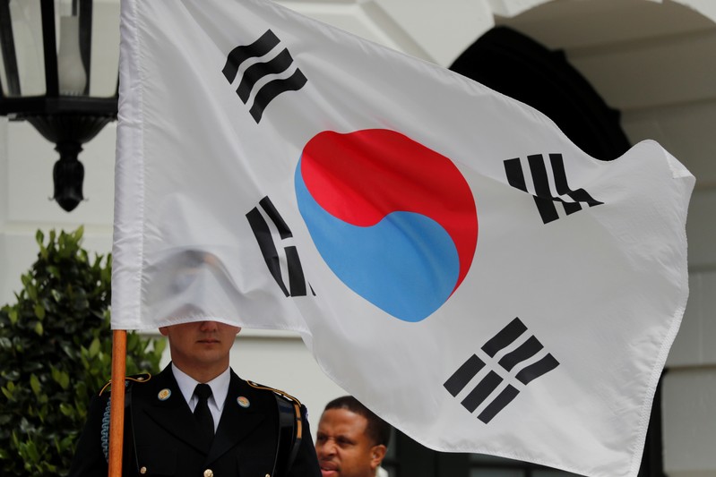 FILE PHOTO: A South Korean flag covers a ceremonial guard member prior to the arrival of South Korea’s President Moon Jae-in at the White House in Washington
