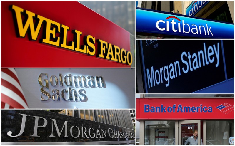 FILE PHOTO: A combination file photo shows Wells Fargo, Citigbank, Morgan Stanley, JPMorgan Chase, Bank of America, JPMorgan, and Goldman Sachs from Reuters archive