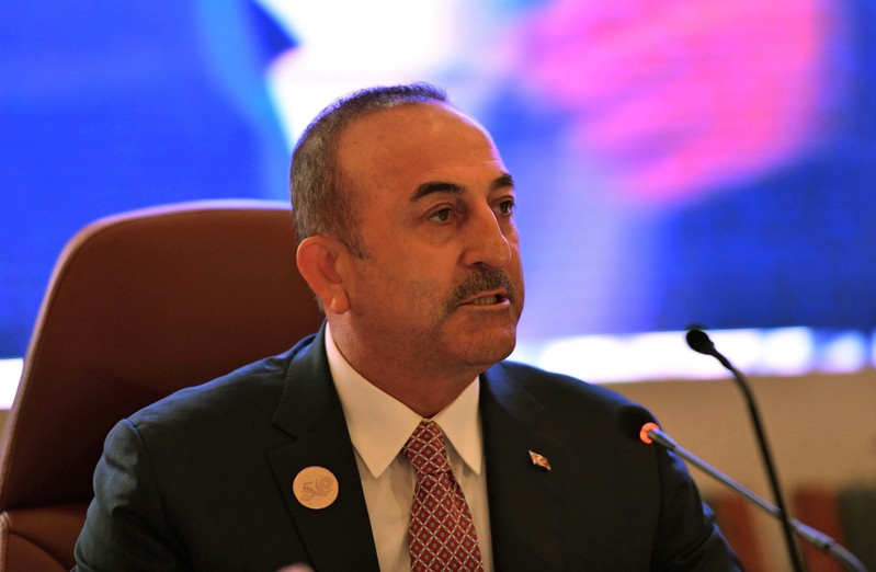 FILE PHOTO: Foreign Minister of Turkey Mevlut Cavusoglu speaks during a preparatory meeting for the GCC, Arab and Islamic summits in Jeddah