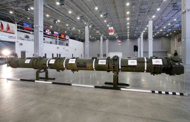 FILE PHOTO: A component of SSC-8/9M729 cruise missile system is on display during a news briefing near Moscow