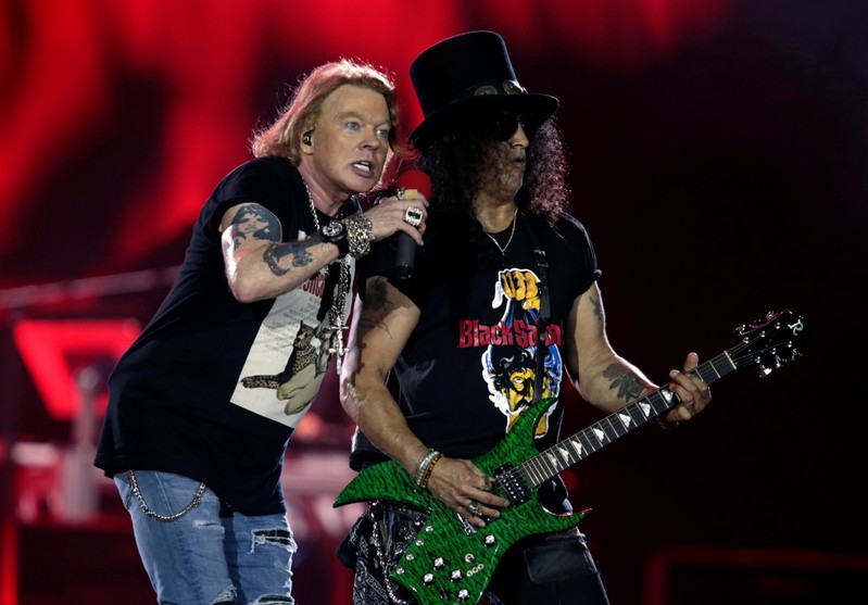 Axl Rose and Slash, lead singer and lead guitarist of U.S. rock band Guns N' Roses, perform during their