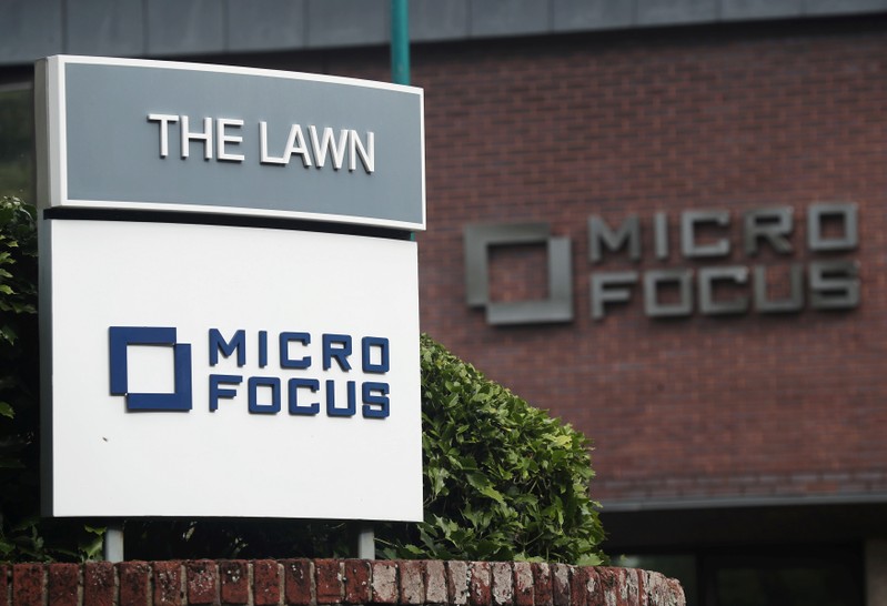 FILE PHOTO: Signs outside the offices of British IT company Micro Focus International
