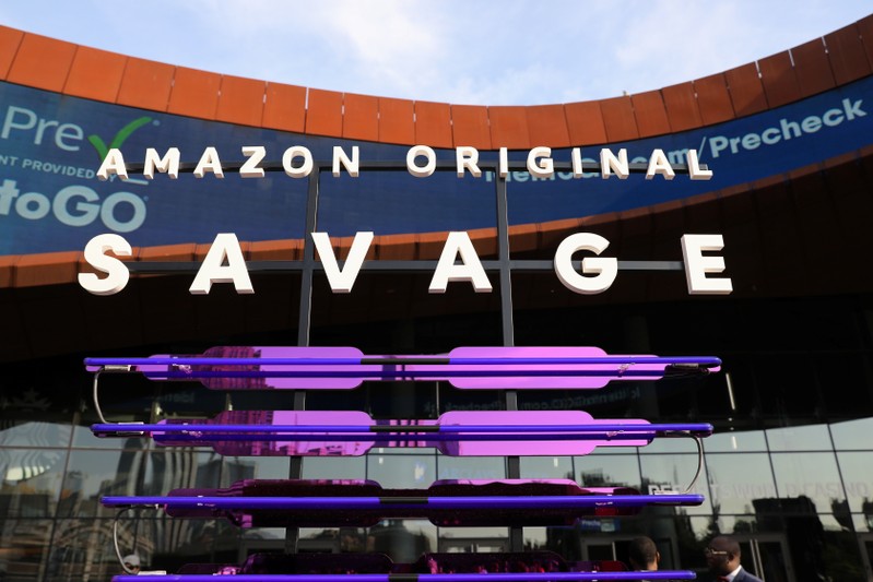Amazon signage is displayed outside Rihanna's new Savage X Fenty collection show for New York Fashion Week that will be broadcasted on Amazon Prime Video outside the Barclays Center in New York