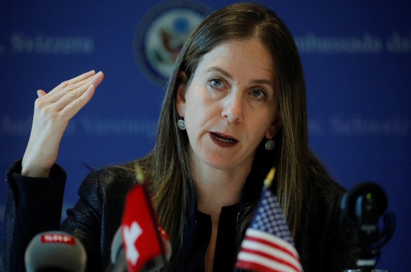 U.S. Treasury Under Secretary for Terrorism and Financial Intelligence Mandelker addresses a press roundtable in Bern