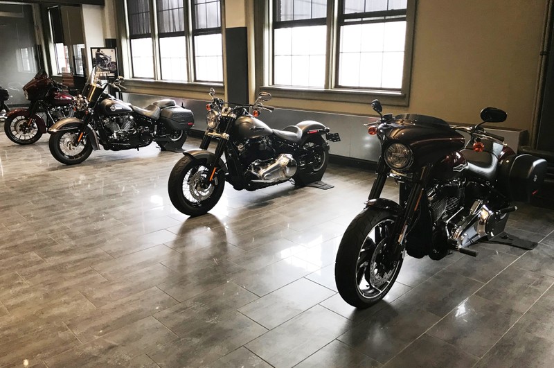 Harley-Davidson motorcycles are on display at the company’s headquarter in Milwaukee