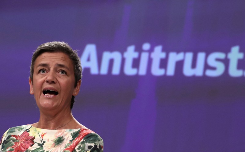 FILE PHOTO: European Competition Commissioner Margrethe Vestager addresses a news conference on an antitrust case in Brussels