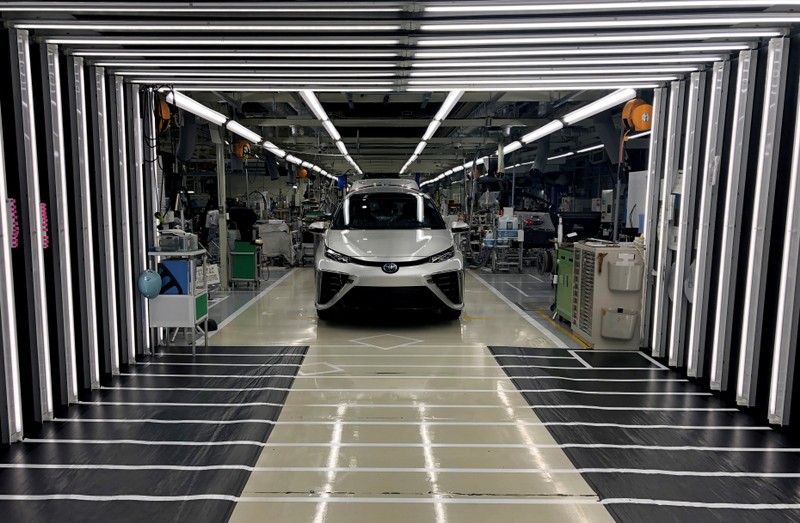 FILE PHOTO: A Toyota Mirai fuel cell vehicle awaits final inspection at a Toyota Motor Corp. factory in Toyota