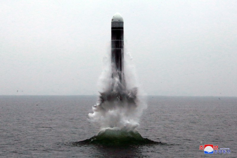 What appears to be a submarine-launched ballistic missile (SLBM) flies in an undisclosed location