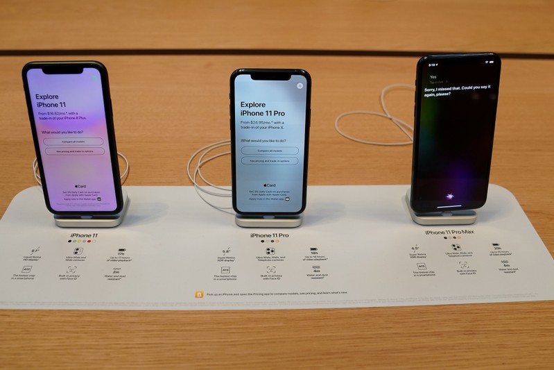 FILE PHOTO: Apple iPhone 11's are pictured inside of the Apple Store on Fifth Ave in the Manhattan borough of New York