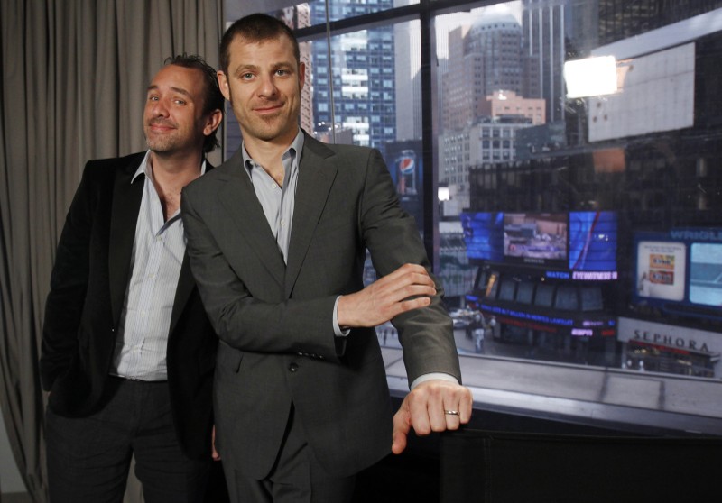 Matt Stone and Trey Parker pose for a photo in New York