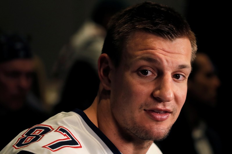 New England Patriots tight end Rob Gronkowski speaks to reporters ahead of Super Bowl LIII in Atlanta