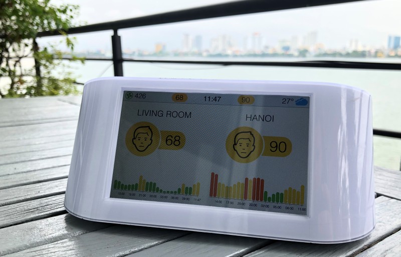 AirVisual monitoring station produced by Swiss firm IQair is seen by the West Lake in Hanoi