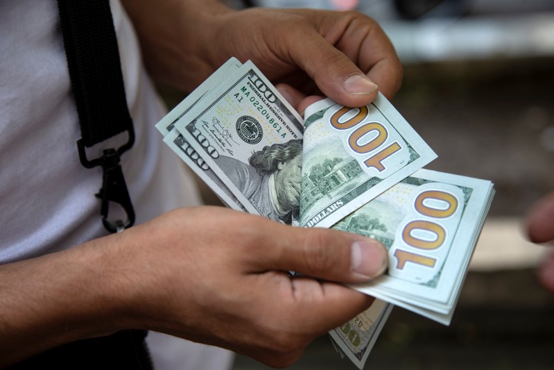 A man counts U.S. dollars in Tehran
