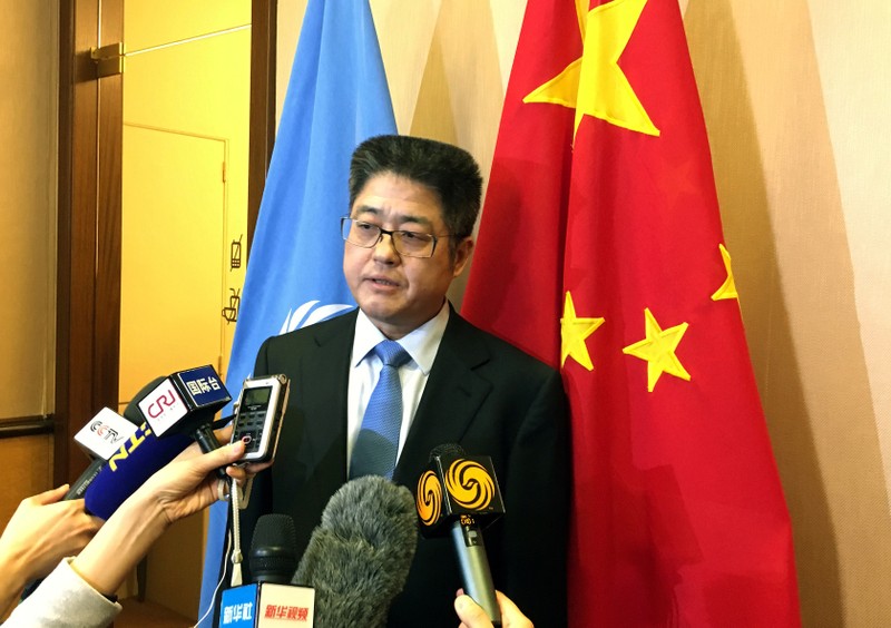 China Vice Minister of Foreign Affairs Le talks to the media after the Universal Periodic Review of China in Geneva