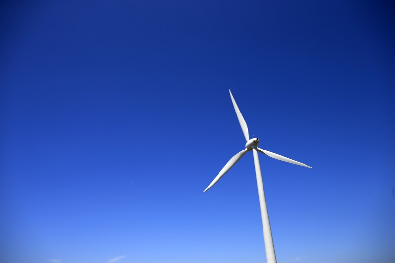 A views shows an E-66 wind turbine manufactured by German company Enercon in Nibas, Picardie region