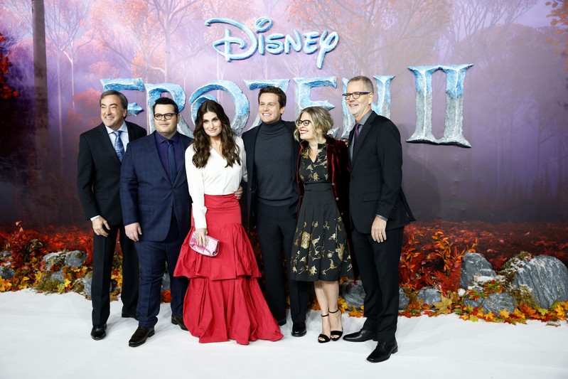 Josh Gad, Idina Menzel, Jonathan Groff, Jennifer Lee, Chris Buck and Peter Del Vecho attend the European premiere of Frozen 2 in London