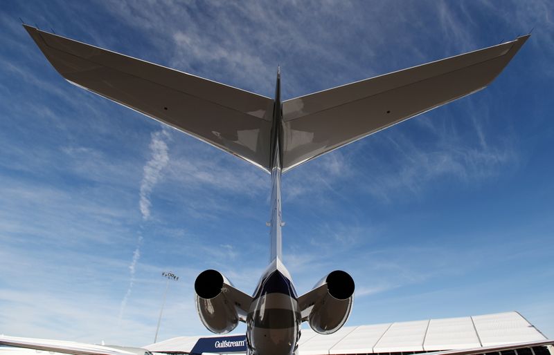 FILE PHOTO: A Gulfstream 650ER business jet is displayed at the Gulfstream booth at the National Business Aviation Association (NBAA) exhibition in Las Vegas