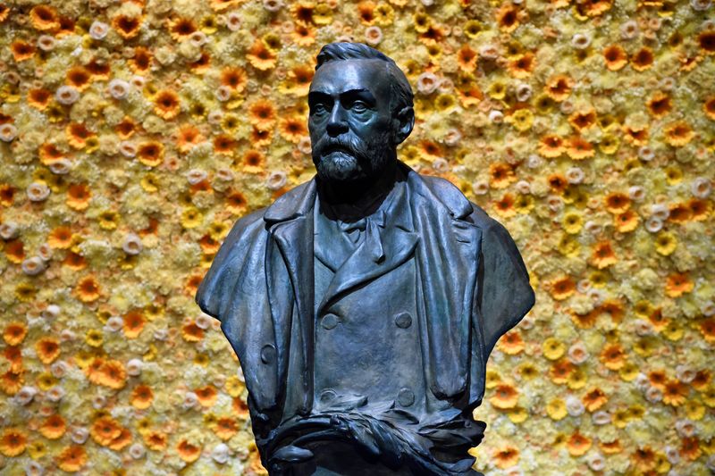 A bust of the Nobel Prize founder, Alfred Nobel, at the Concert Hall during the Nobel Prize award ceremony in Stockholm