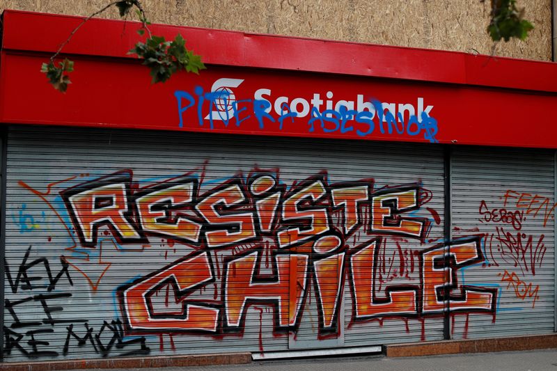 FILE PHOTO: Bank gate is seen graffitied during a protest against Chile's government in Santiago
