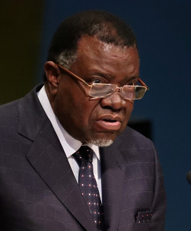 FILE PHOTO: President Hage Geingob of Namibia addresses the United Nations General Assembly in New York