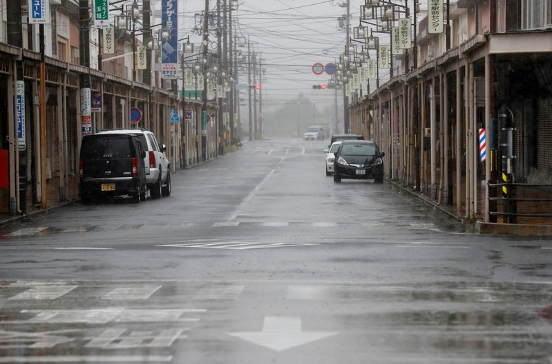 An empty road leading into Shiroko, Suzuka, Japan October 12, 2019, seen in heavy rain ahead of Typhoon Hagibis