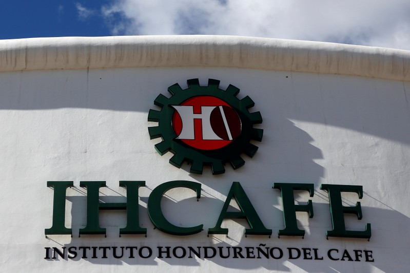 The logo of the Honduran Coffee Institute is pictured at its building in Tegucigalpa