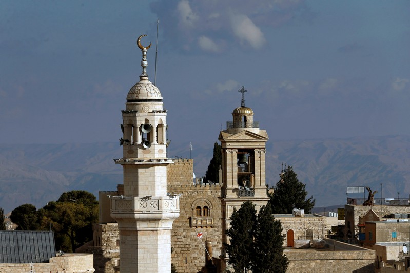 View shows a mosque minaret and the Church of the Nativity in Bethlehem in the Israeli-occupied West Bank