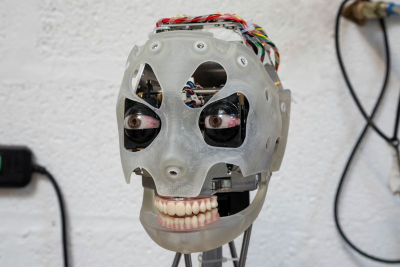 The head of Ai-Da, a humanoid robot capable of drawing people from life using her bionic eyes and hand, is seen in the offices of robotics company Engineered Arts, in Falmouth