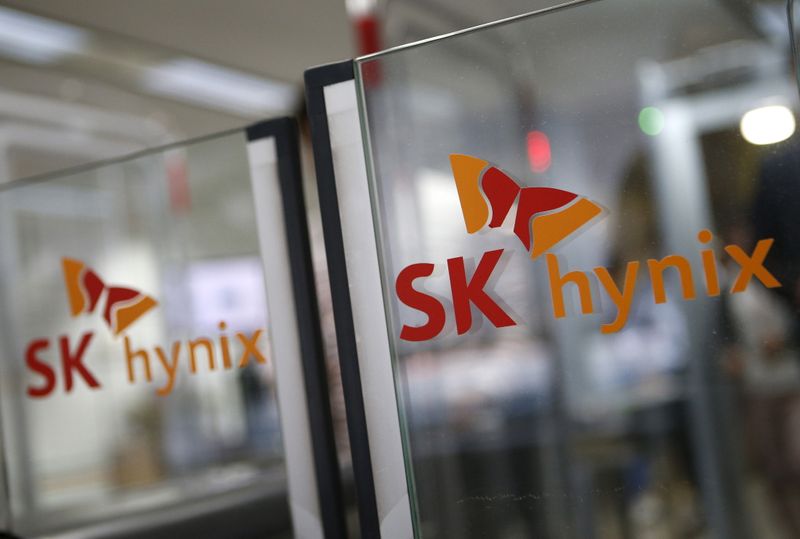 The logos of SK Hynix is seen at its headquarters in Seongnam