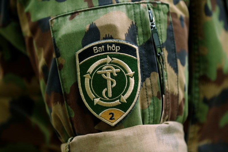 A sign of Hospital Battalion 2 of the Swiss army is pictured during the coronavirus disease (COVID-19) outbreak in Neuchatel