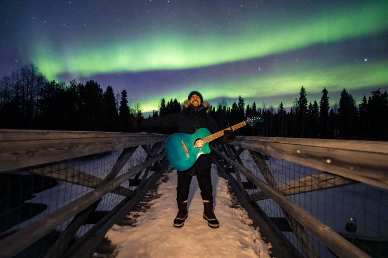Peruvian musician Victor Alarcon shoots a music video in the Finnish Arctic for his single called 'Aurora Boreal' (Northern Lights) near Rovaniemi
