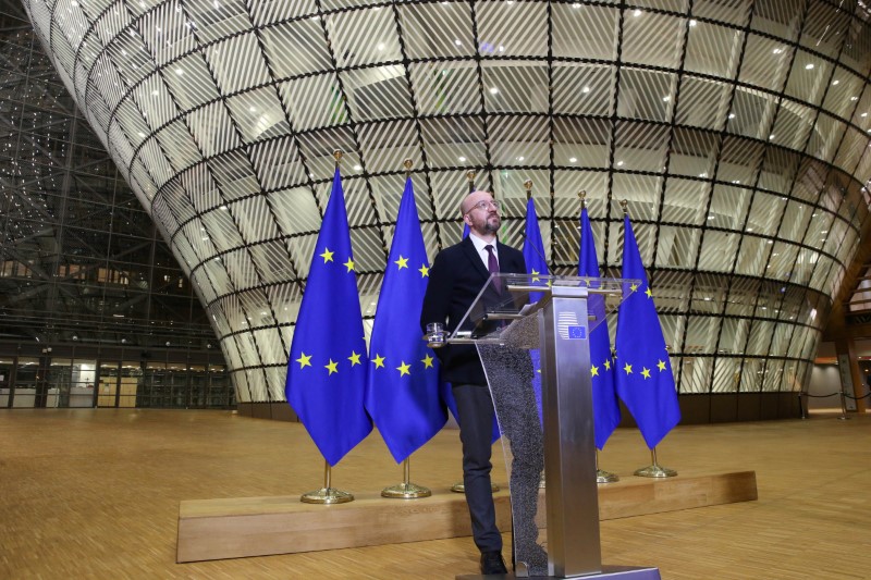 EU Council President Charles Michel holds a news conference after a videoconference with EU heads of state to discuss coronavirus disease (COVID-19) measures, in Brussels